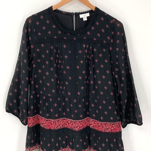 J Jill Pintucked Lace Trim Midi Dress Tiered A-Line Black Red Women Medium Boho - Picture 6 of 11